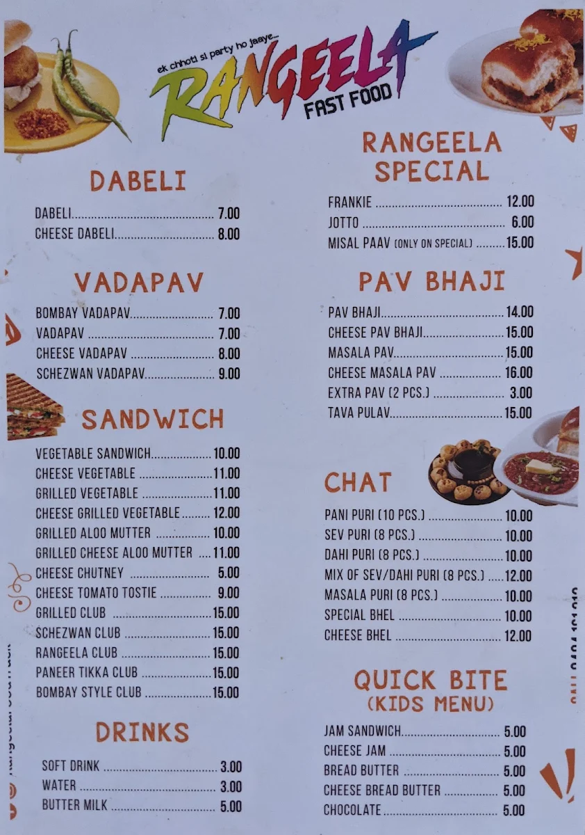 Menu, Rangeela Fast Food