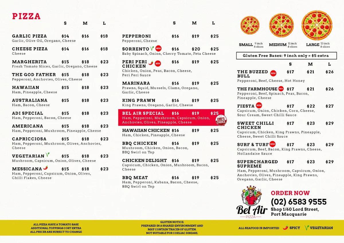 Menu, Bel Air Pizza