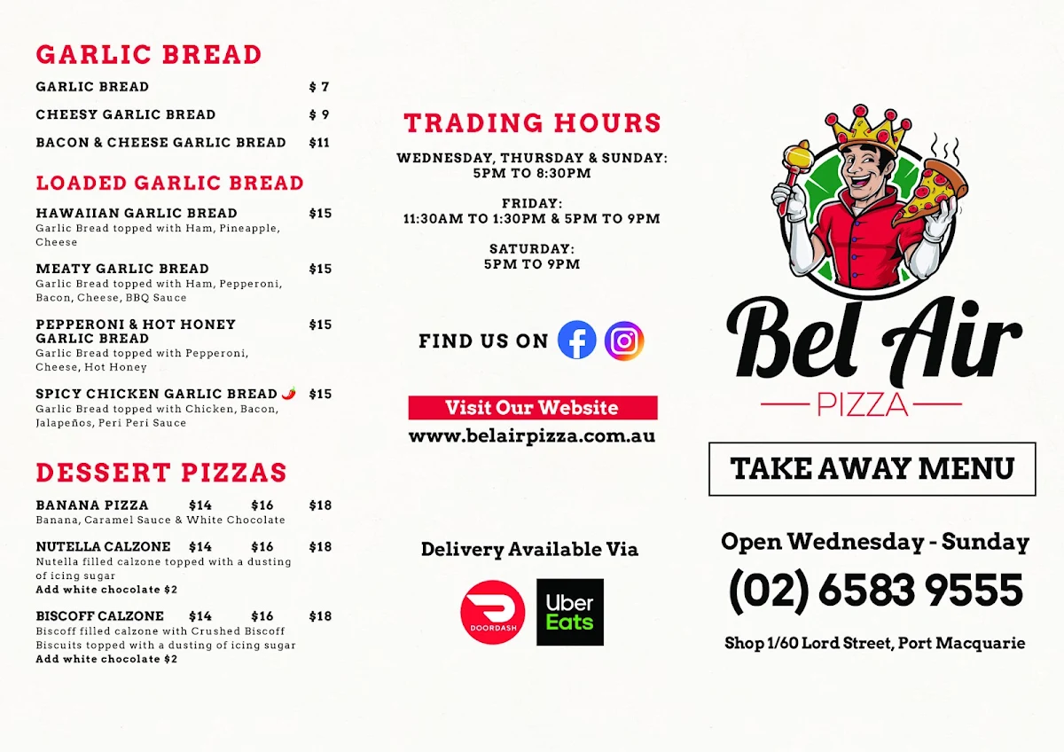 Menu, Bel Air Pizza