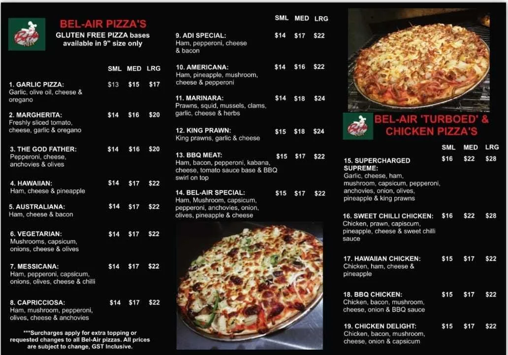 Menu, Bel Air Pizza