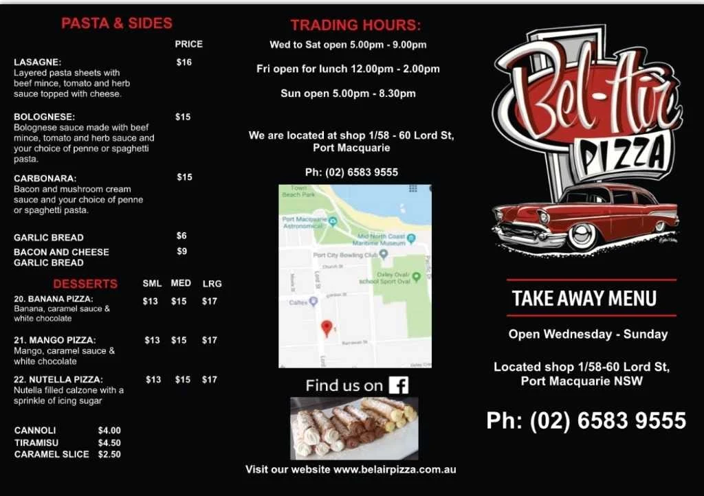 Menu, Bel Air Pizza