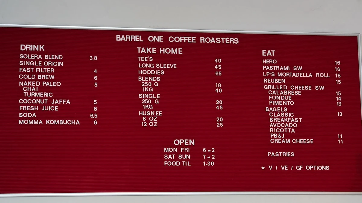 Menu, Barrel One Coffee Roasters Manly