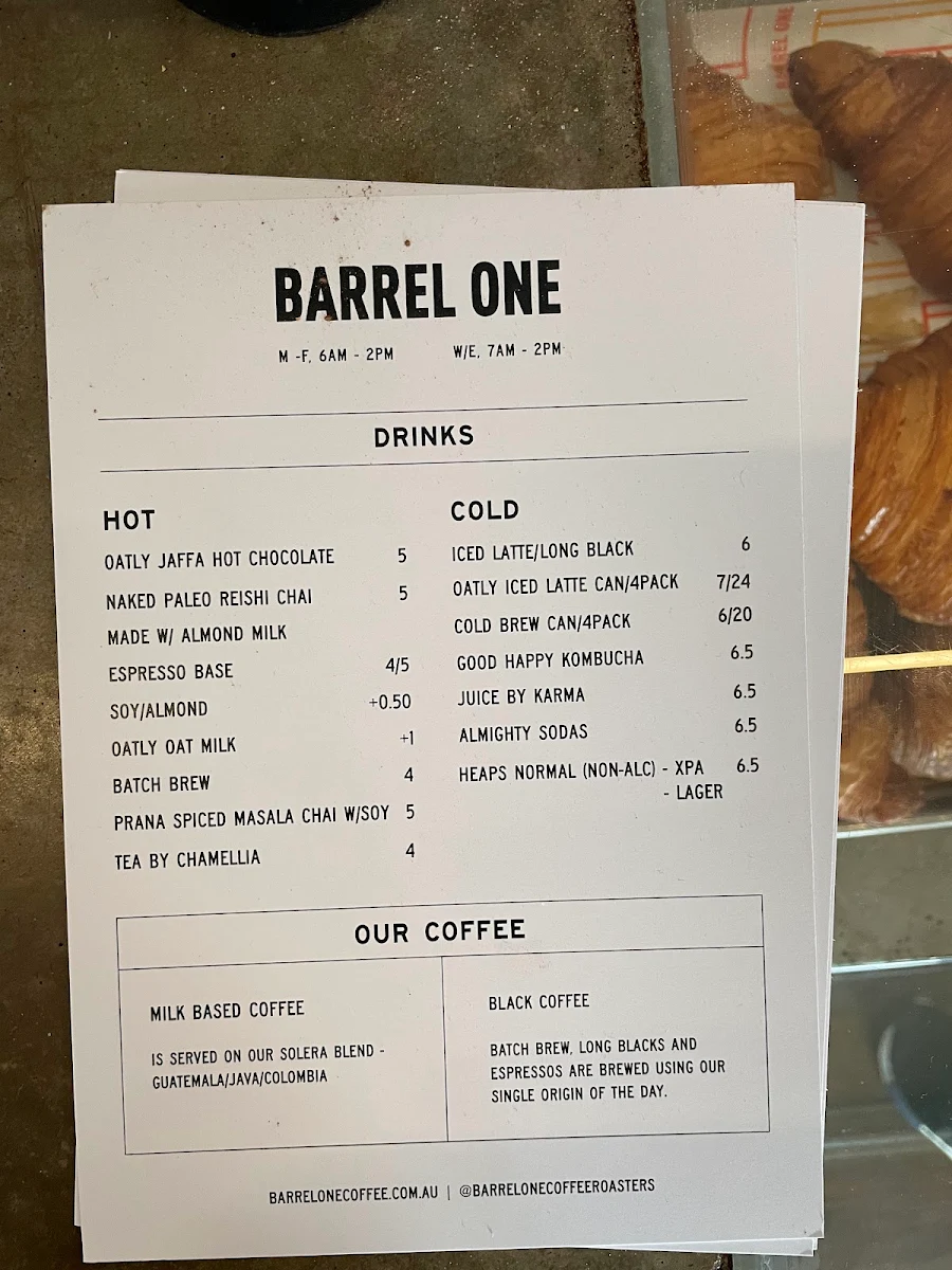 Menu, Barrel One Coffee Roasters Manly