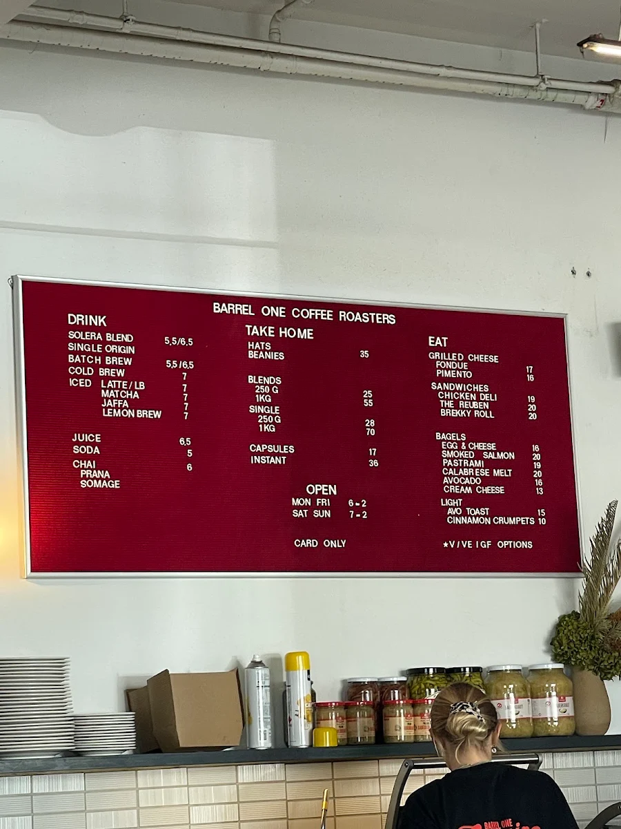 Menu, Barrel One Coffee Roasters Manly