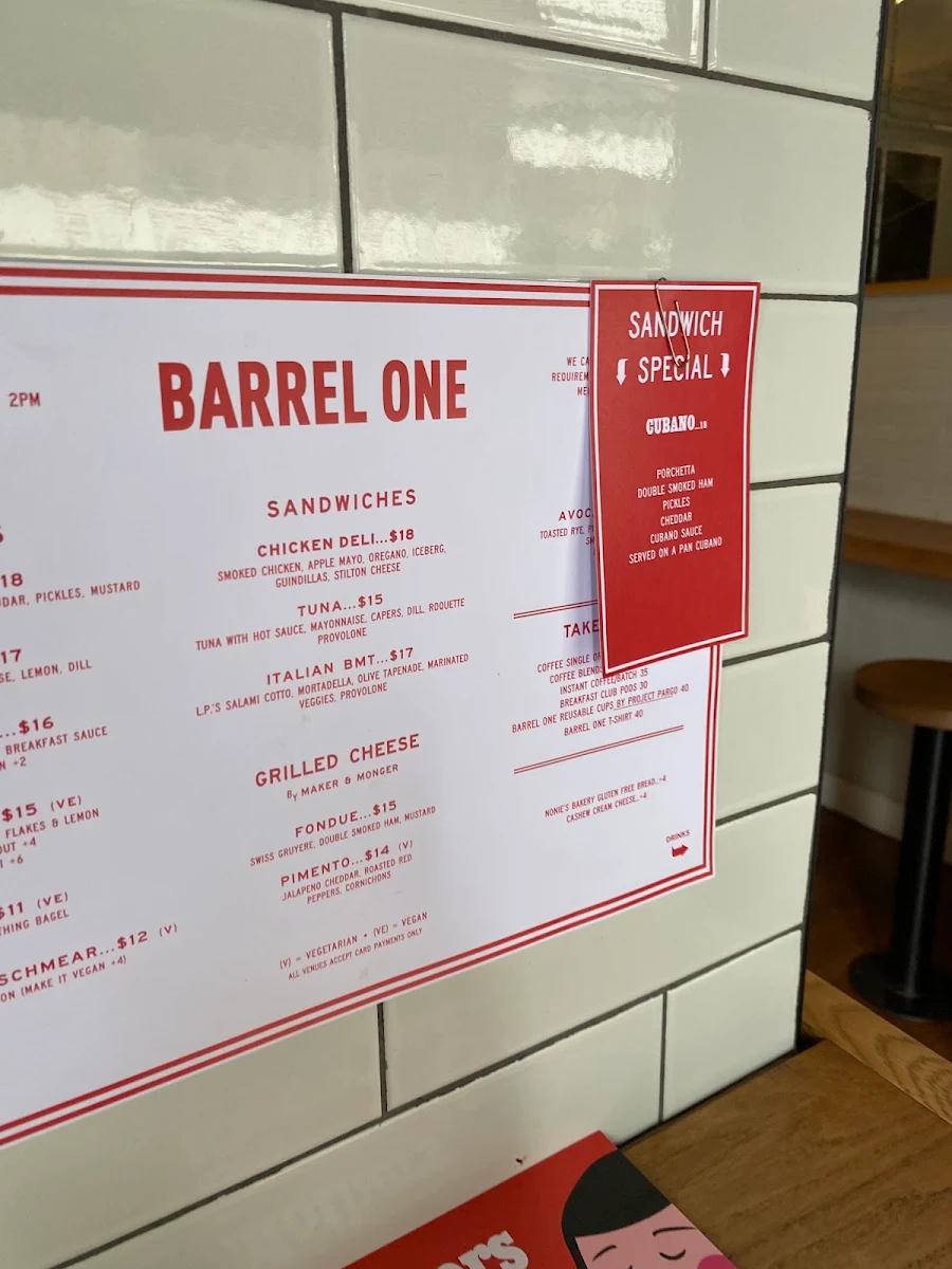 Menu, Barrel One Coffee Roasters Manly
