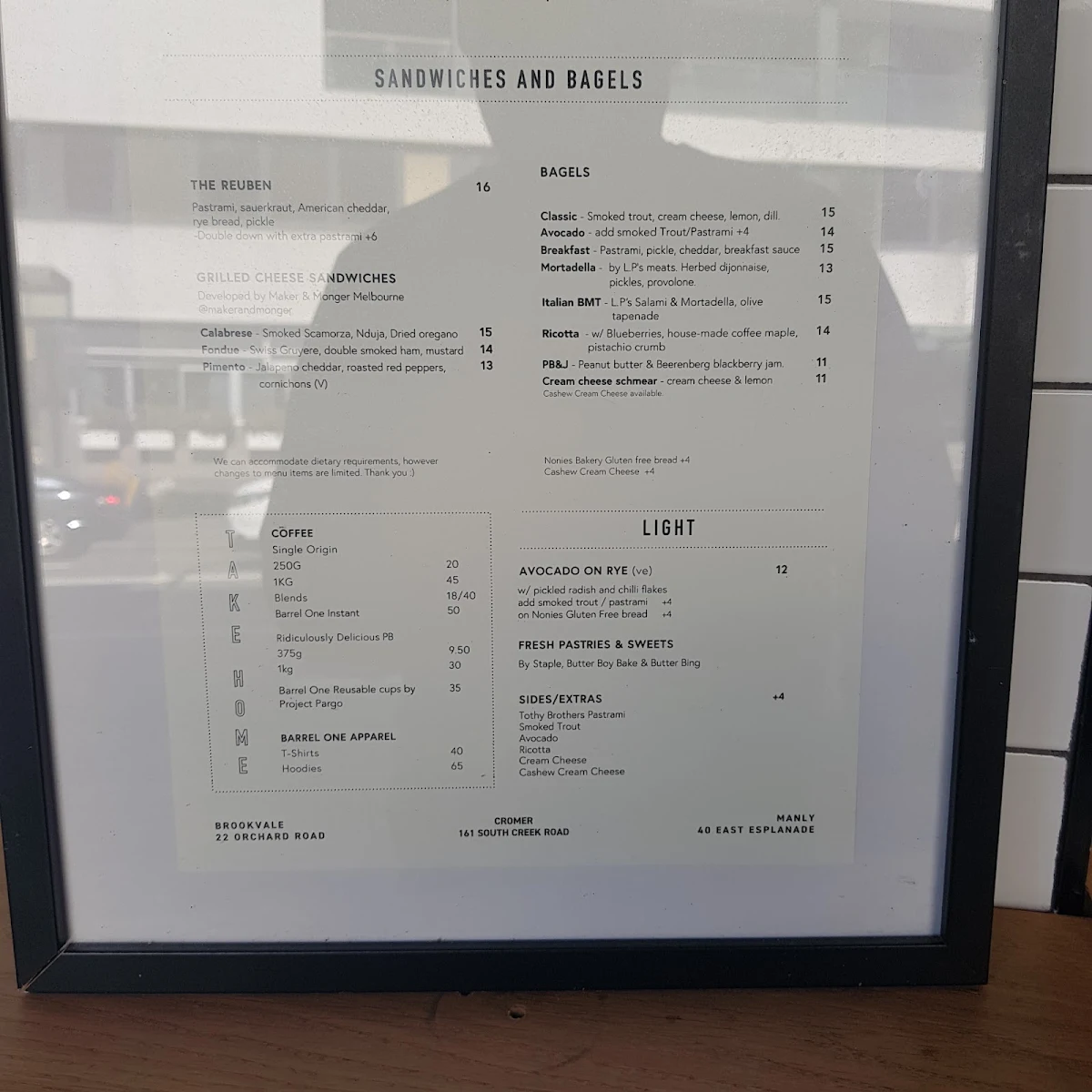 Menu, Barrel One Coffee Roasters Manly
