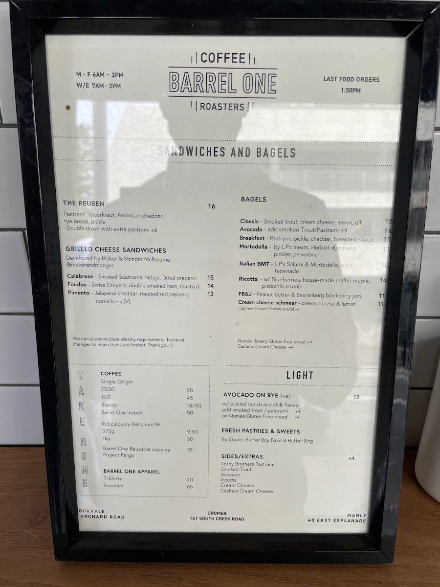 Menu, Barrel One Coffee Roasters Manly