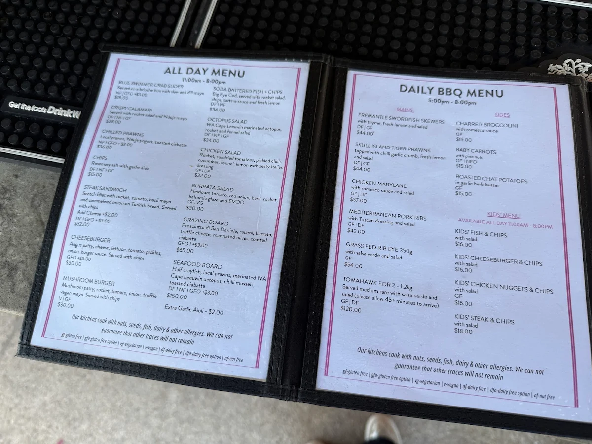 Menu, Pinky's Rottnest Island