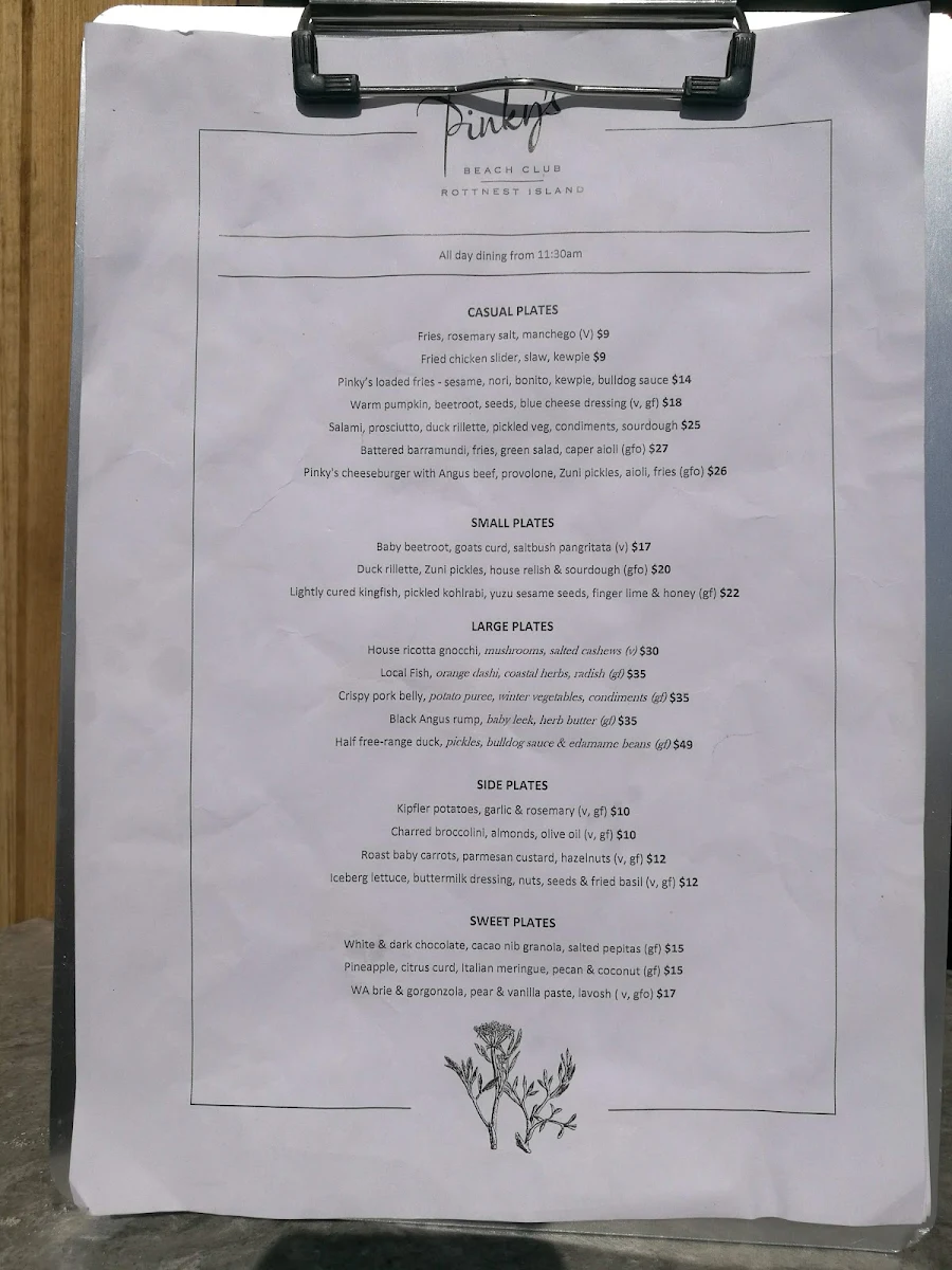 Menu, Pinky's Rottnest Island