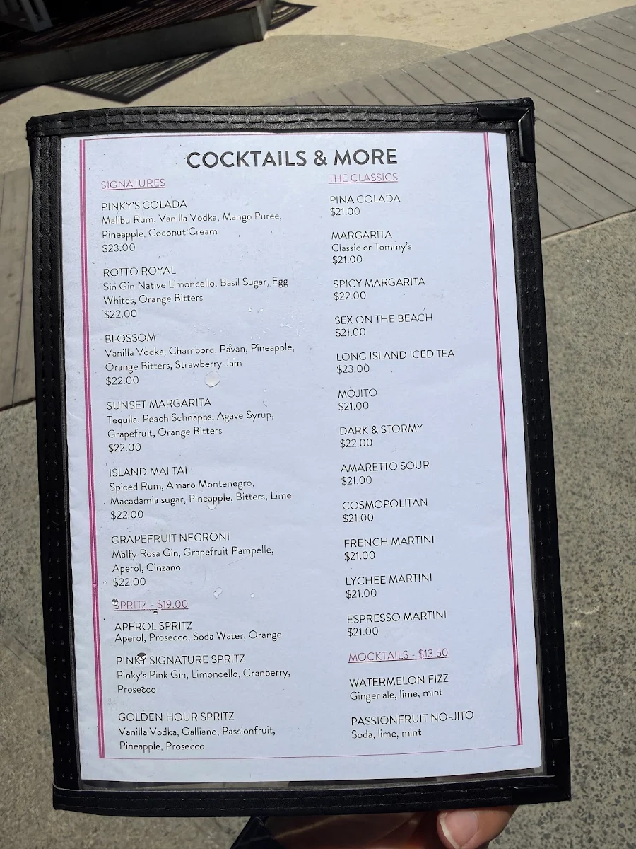 Menu, Pinky's Rottnest Island