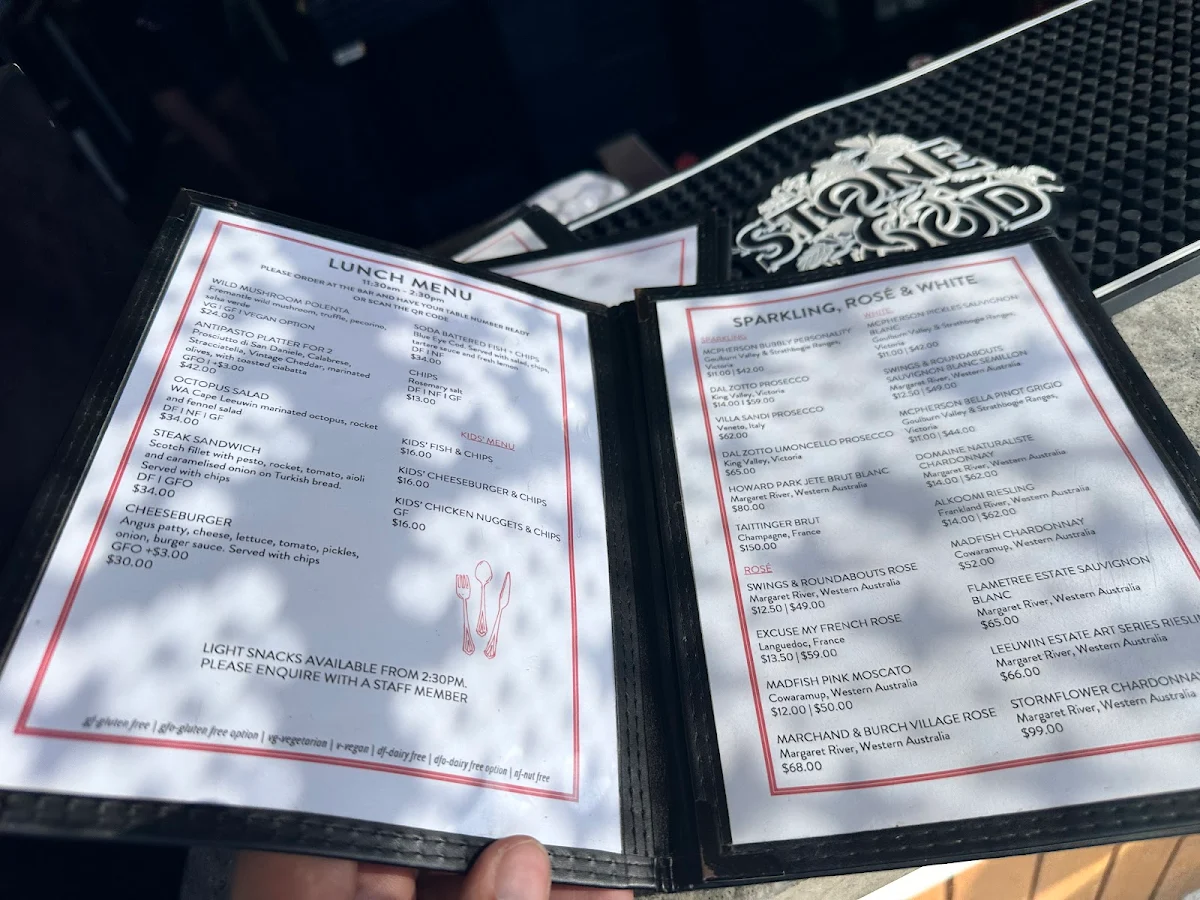 Menu, Pinky's Rottnest Island