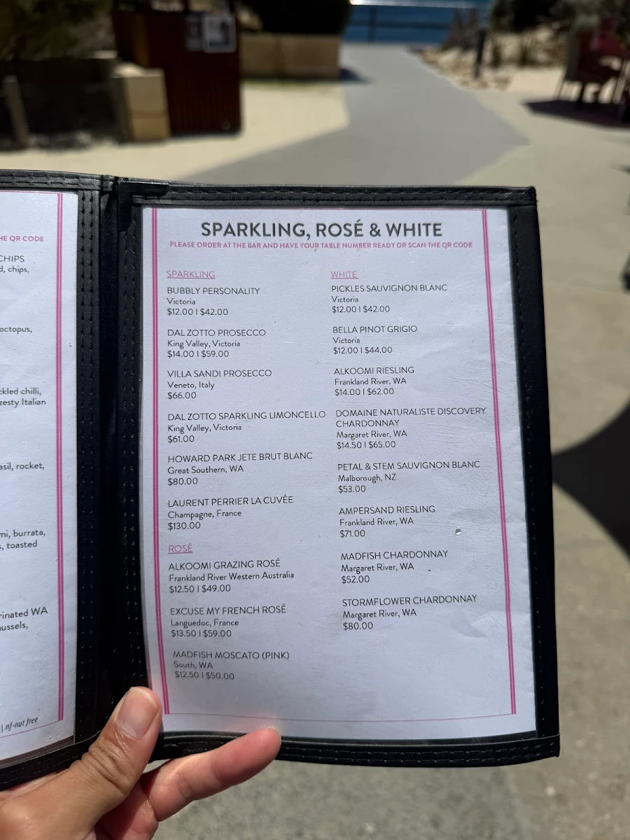 Menu, Pinky's Rottnest Island