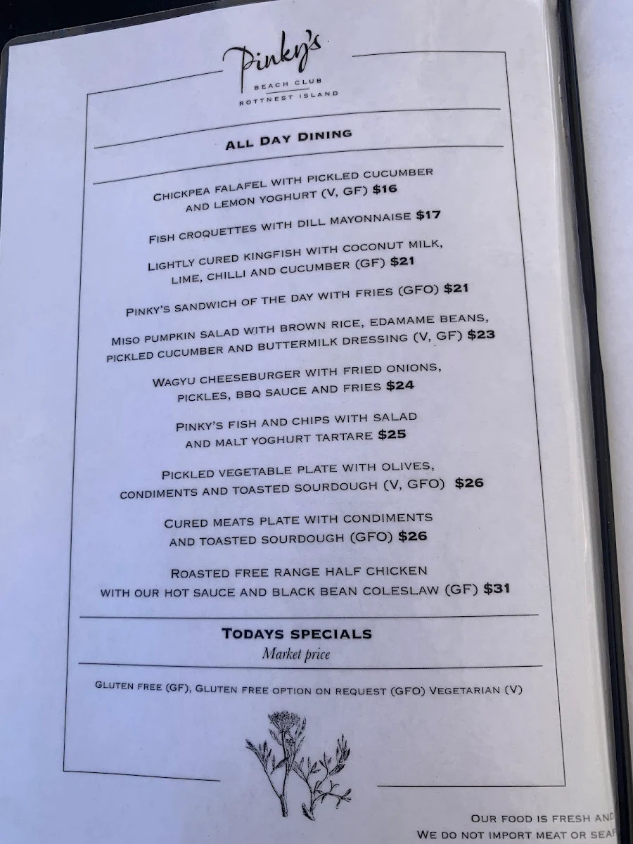 Menu, Pinky's Rottnest Island