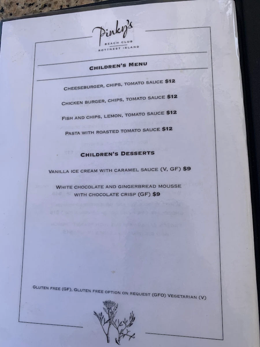 Menu, Pinky's Rottnest Island