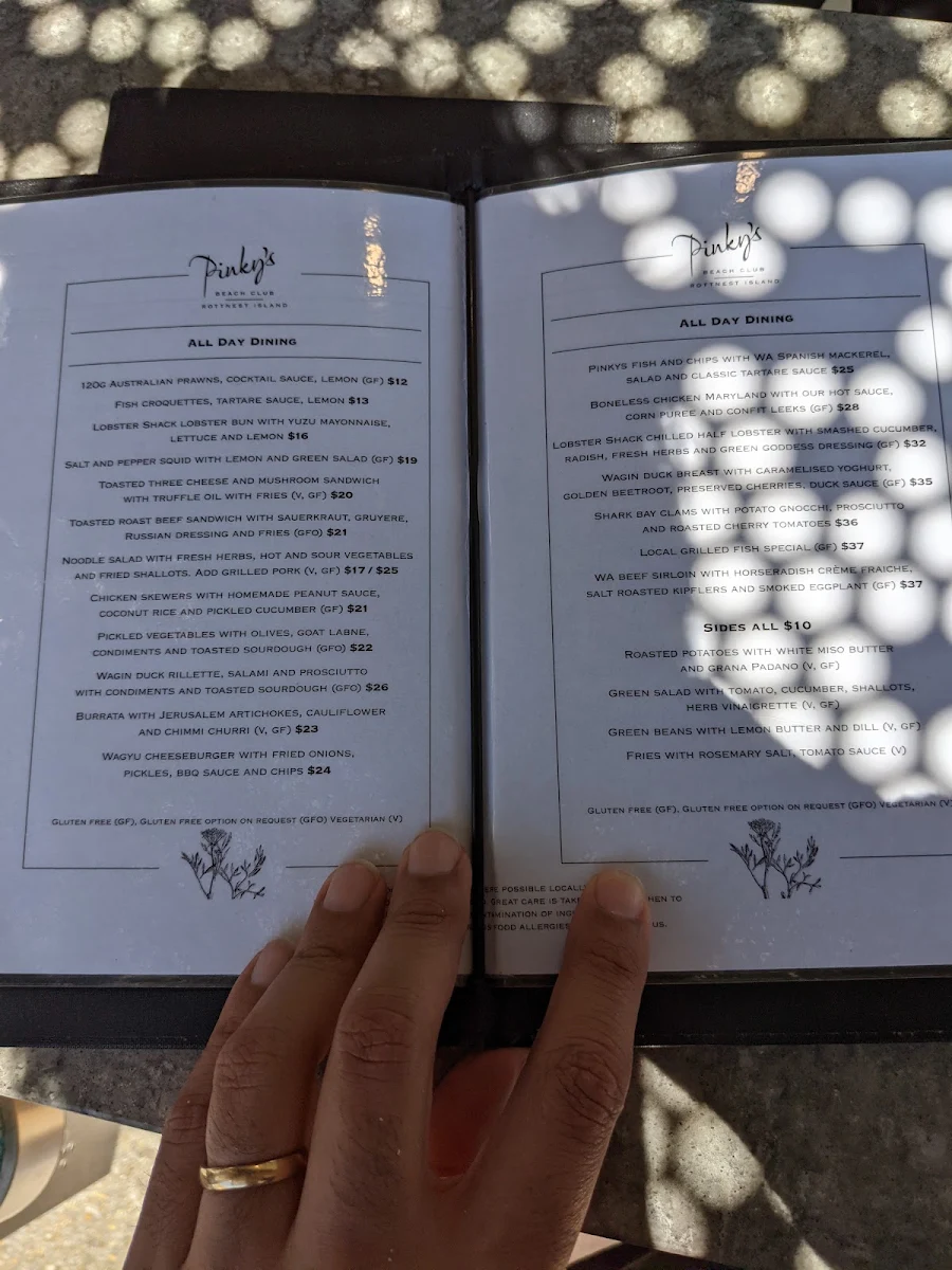 Menu, Pinky's Rottnest Island