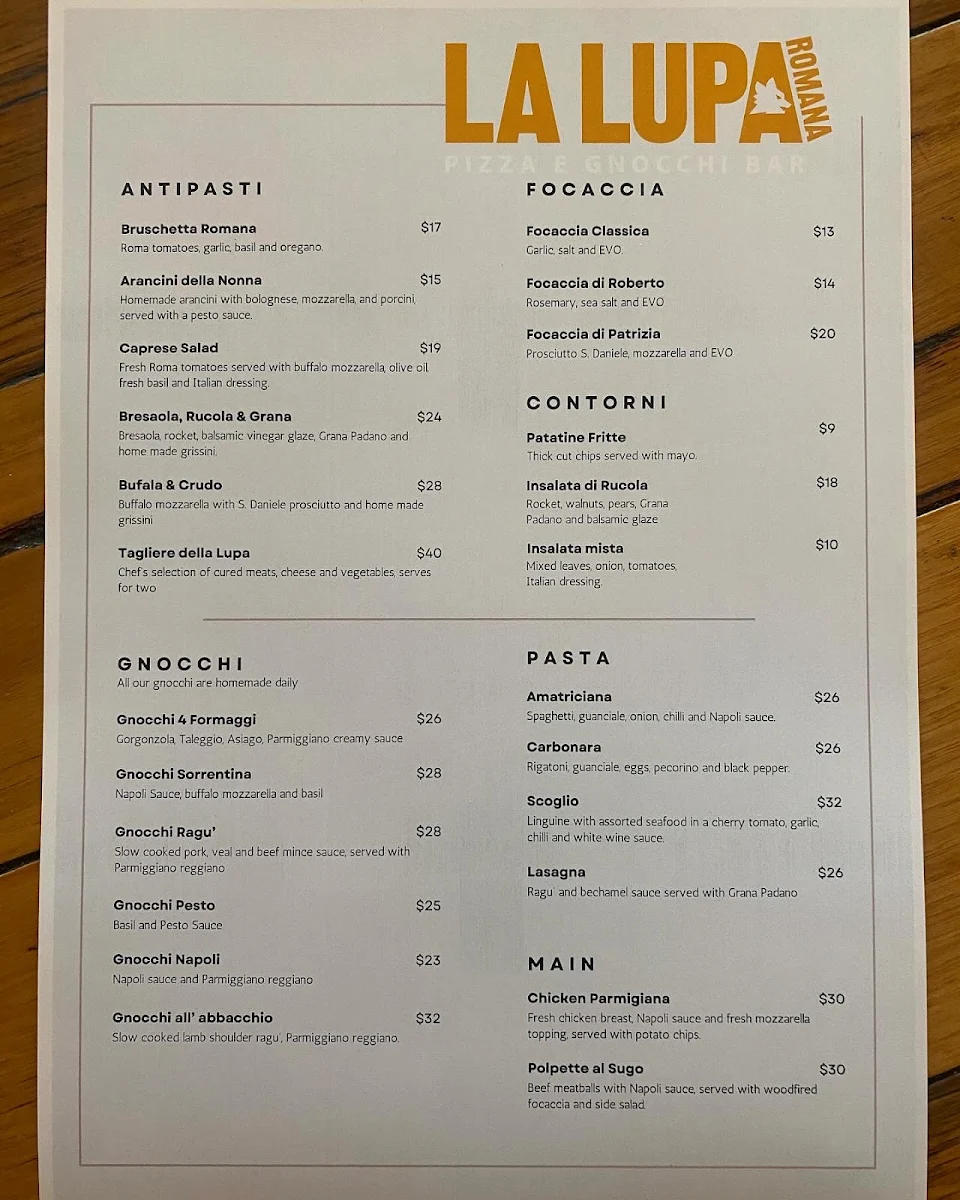 Menu, La Lupa Romana Pizza e Gnocchi Bar