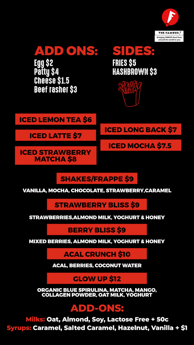 Menu, The Famous Surry Hills