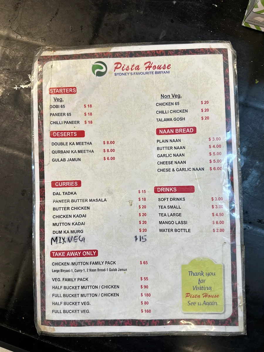 Menu, Pista House Surry Hills