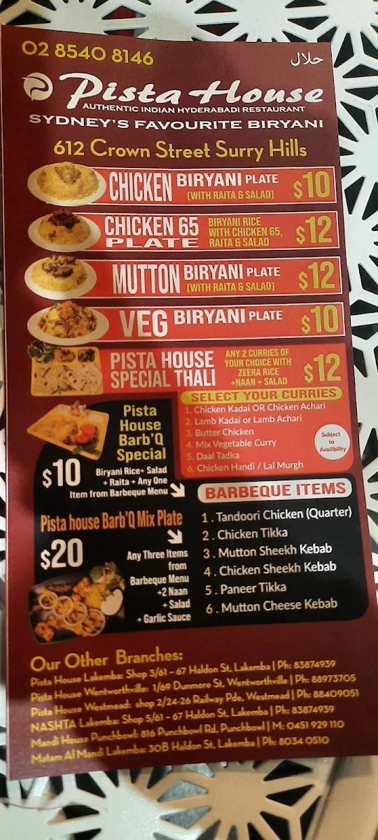 Menu, Pista House Surry Hills
