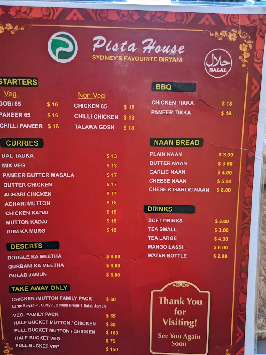 Menu, Pista House Surry Hills