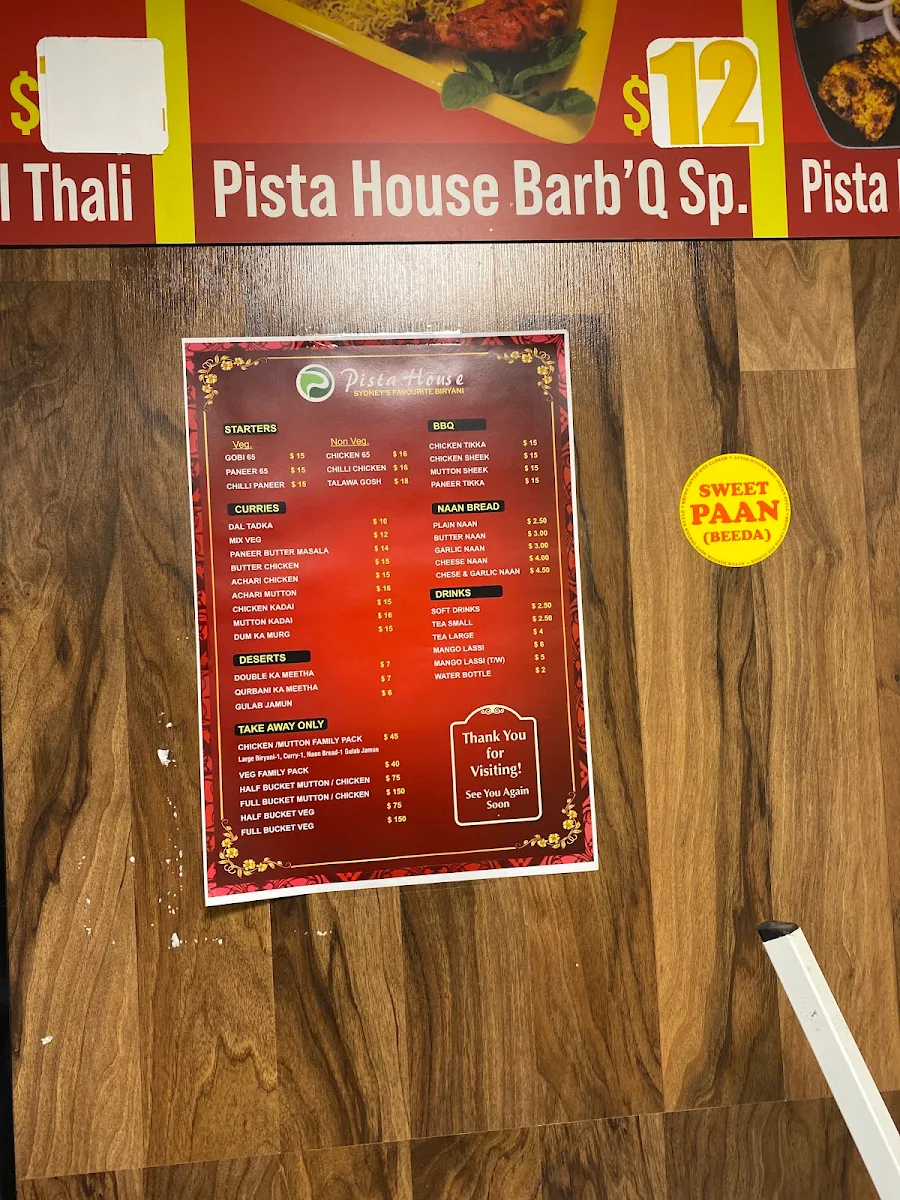 Menu, Pista House Surry Hills