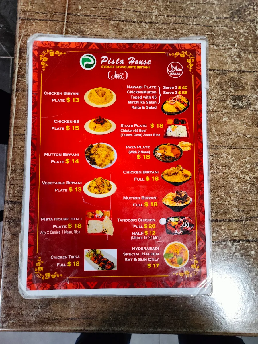 Menu, Pista House Surry Hills