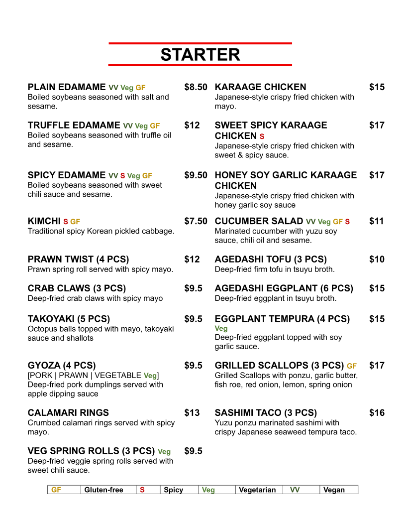 Menu, Sumimasen Japanese