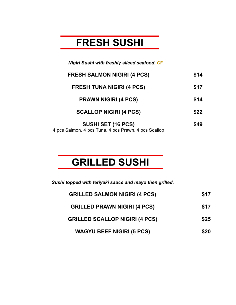 Menu, Sumimasen Japanese