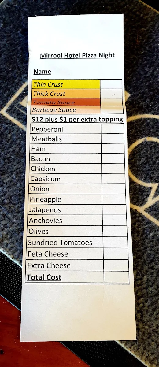 Menu, Mirrool Hotel