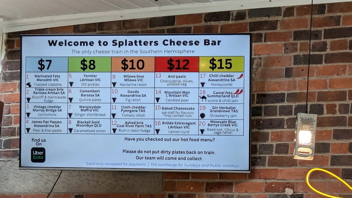 Menu, Splatters Cheese Bar Geelong