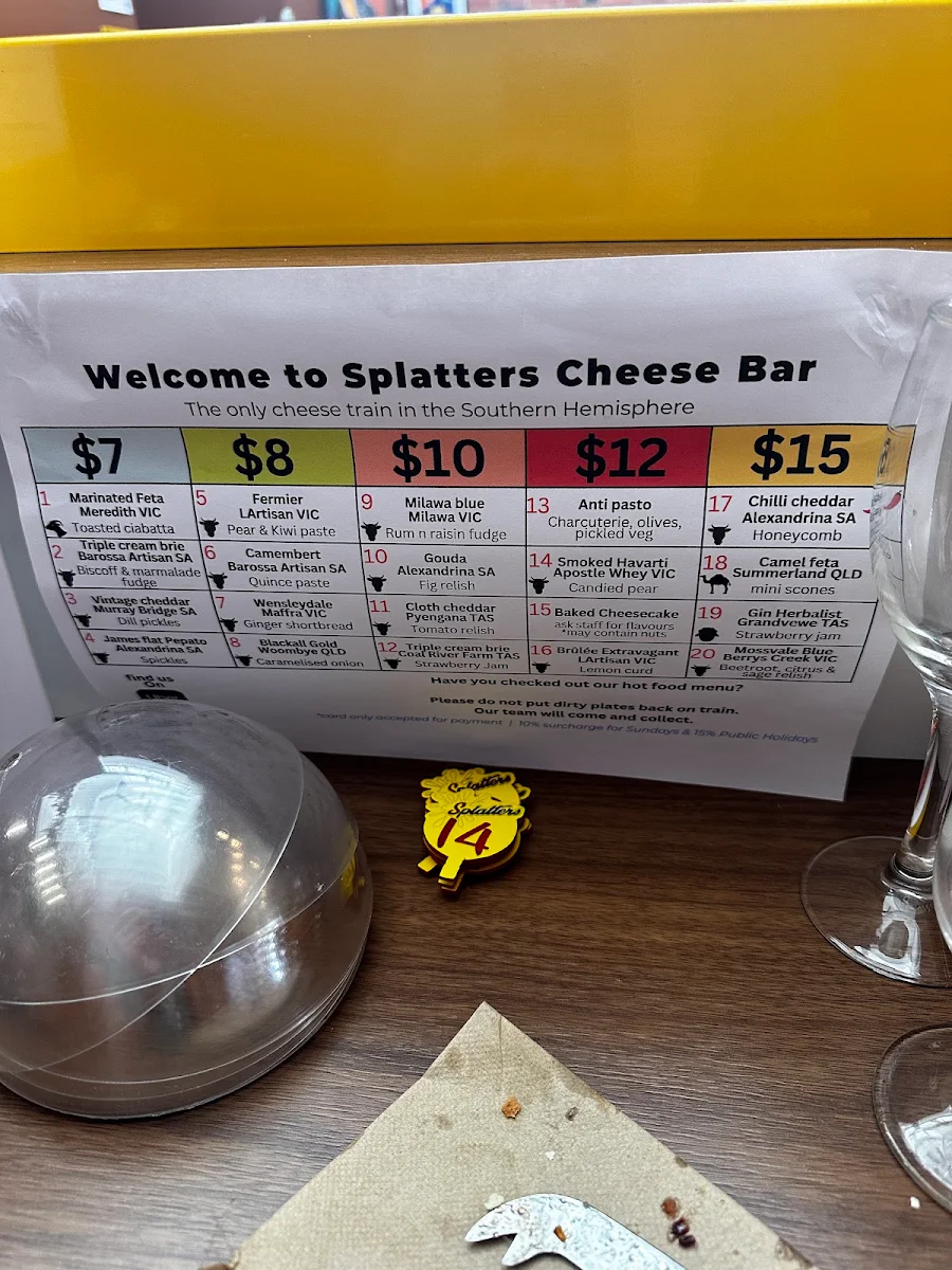 Menu, Splatters Cheese Bar Geelong