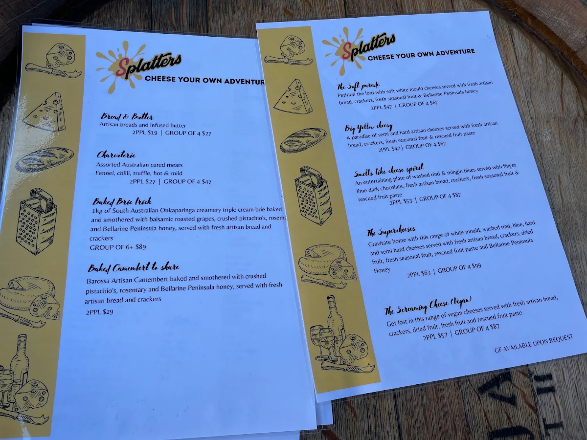 Menu, Splatters Cheese Bar Geelong