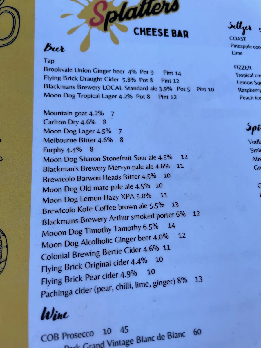Menu, Splatters Cheese Bar Geelong