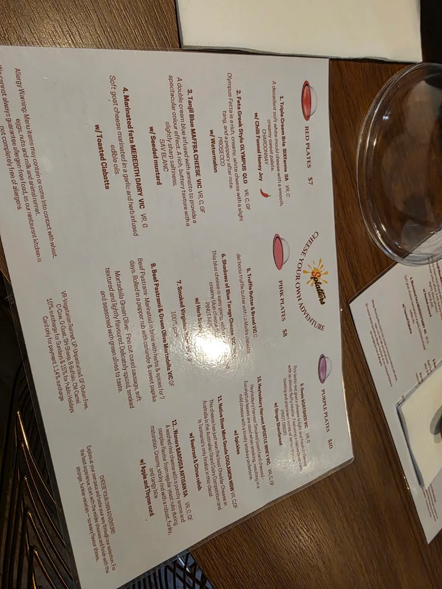 Menu, Splatters Cheese Bar Geelong