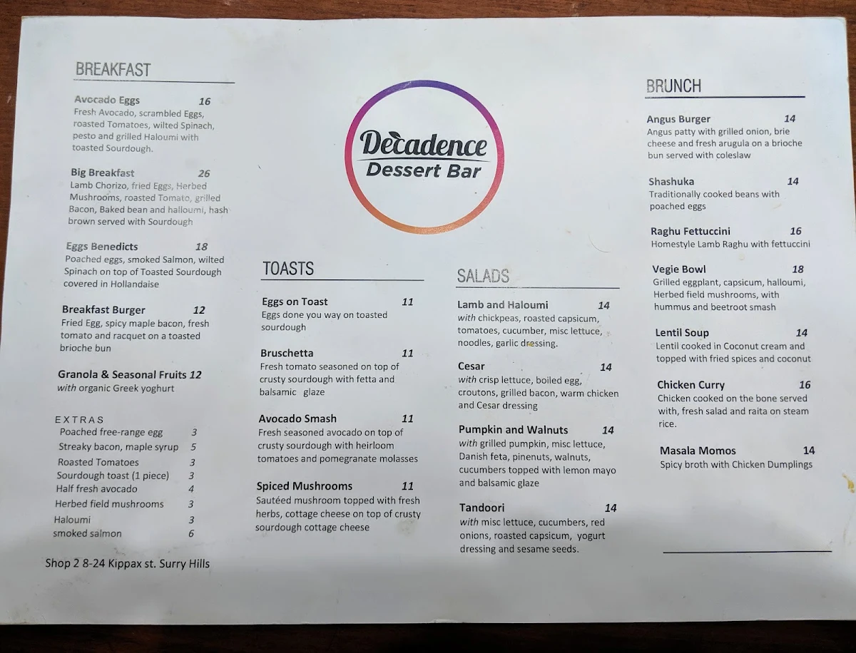 Menu, Decadence Dessert Bar