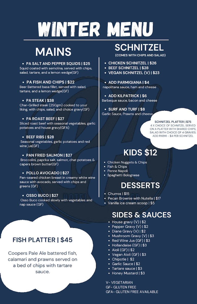 Menu, Prince Albert Hotel
