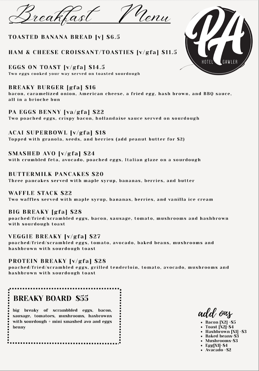 Menu, Prince Albert Hotel