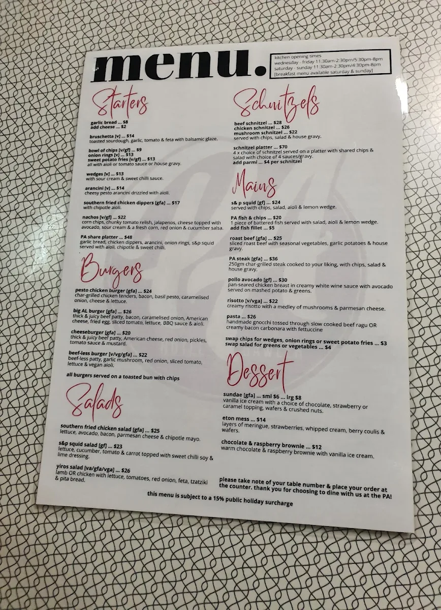 Menu, Prince Albert Hotel