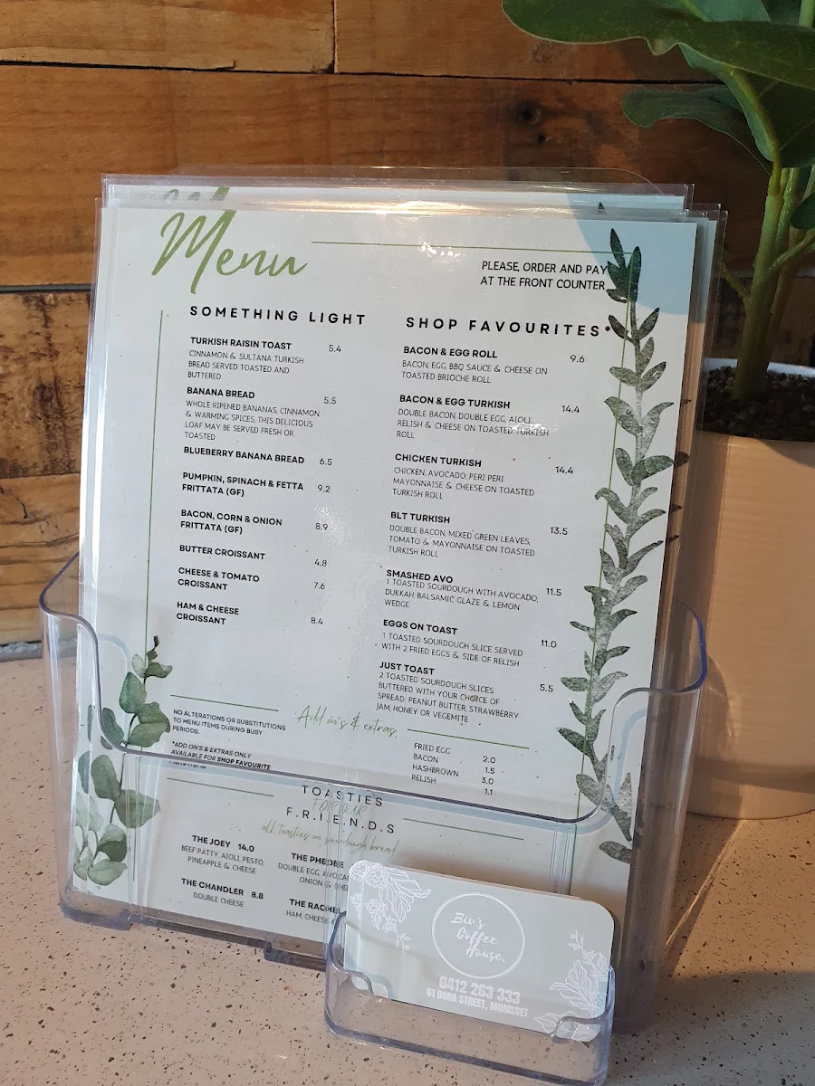 Menu, Biv's Coffeehouse.