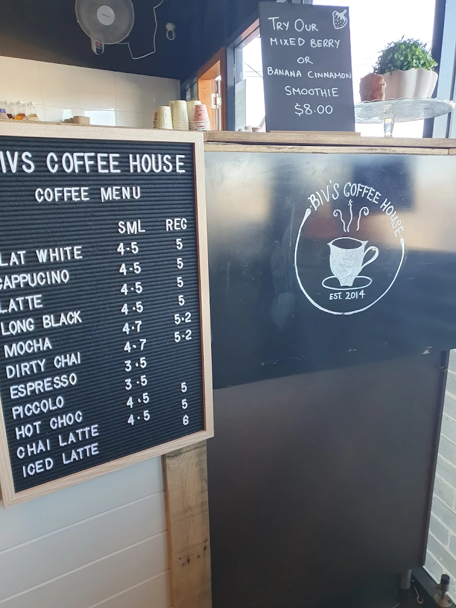 Menu, Biv's Coffeehouse.