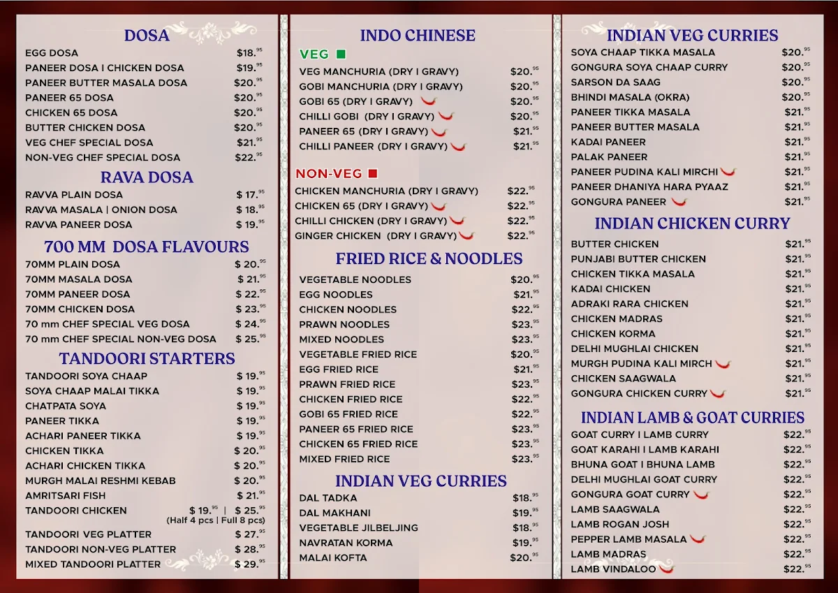 Menu, Dosa Hut Indian Restaurant Bendigo