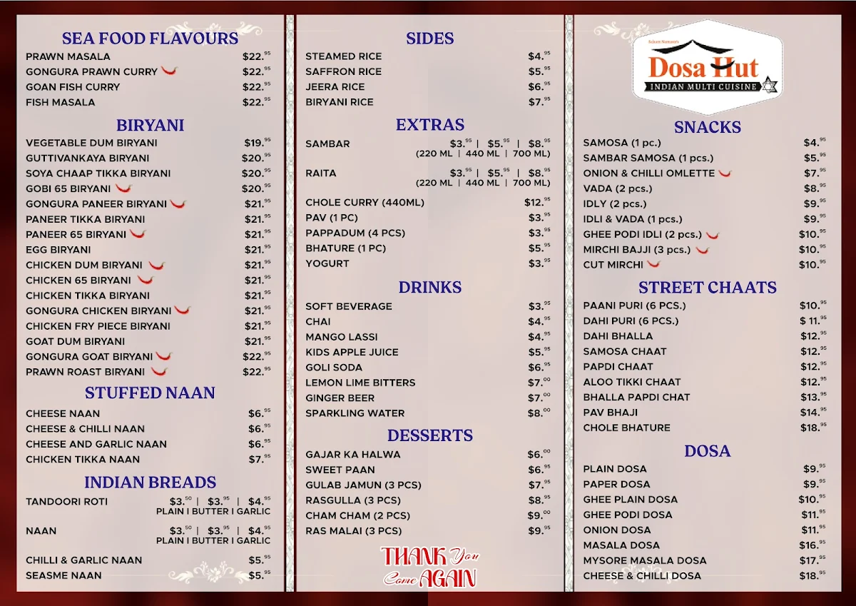 Menu, Dosa Hut Indian Restaurant Bendigo