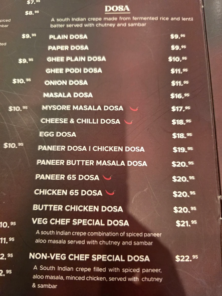 Menu, Dosa Hut Indian Restaurant Bendigo