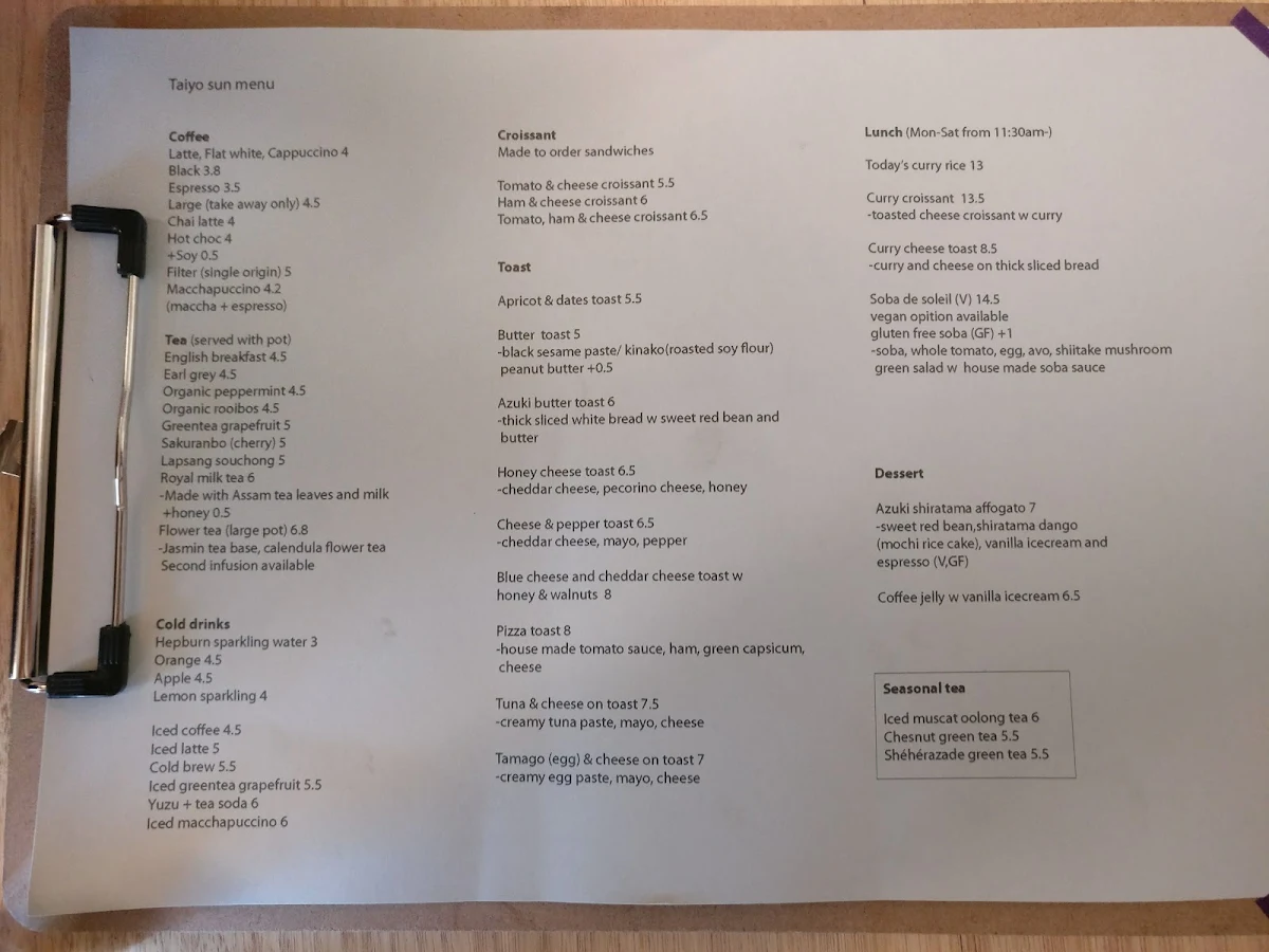 Menu, Taiyo Sun
