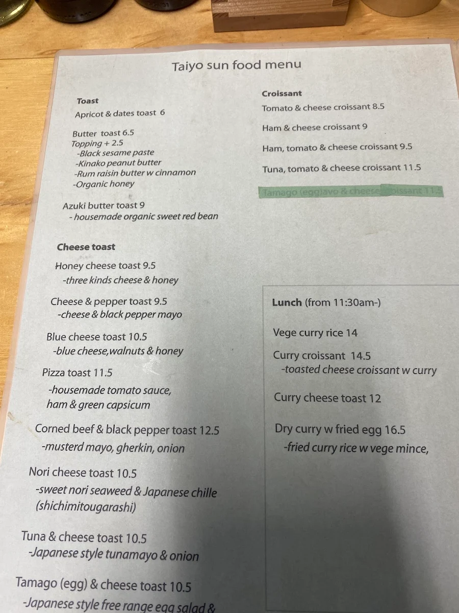 Menu, Taiyo Sun