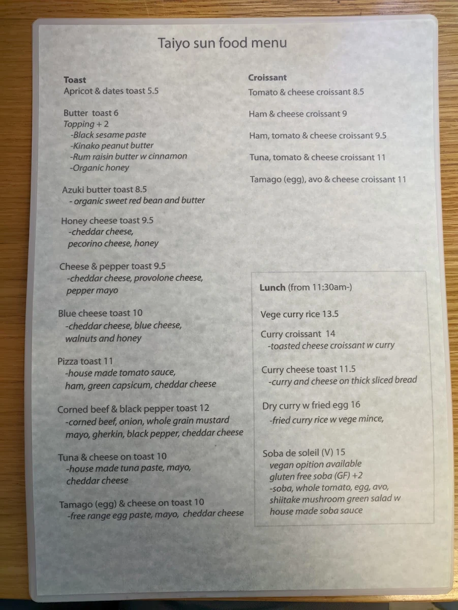 Menu, Taiyo Sun