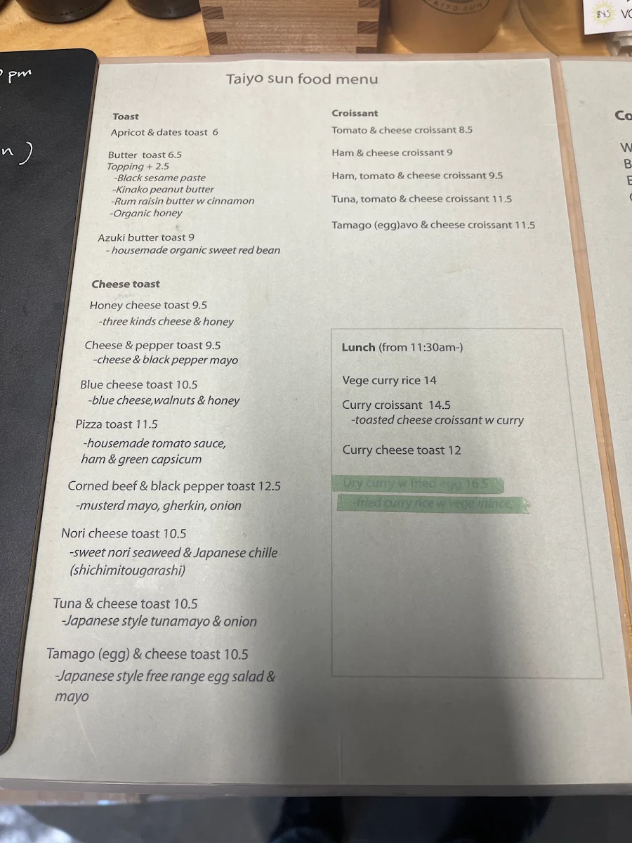 Menu, Taiyo Sun