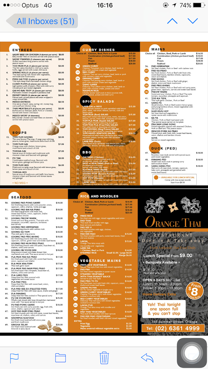 Menu, Orange Thai Restaurant