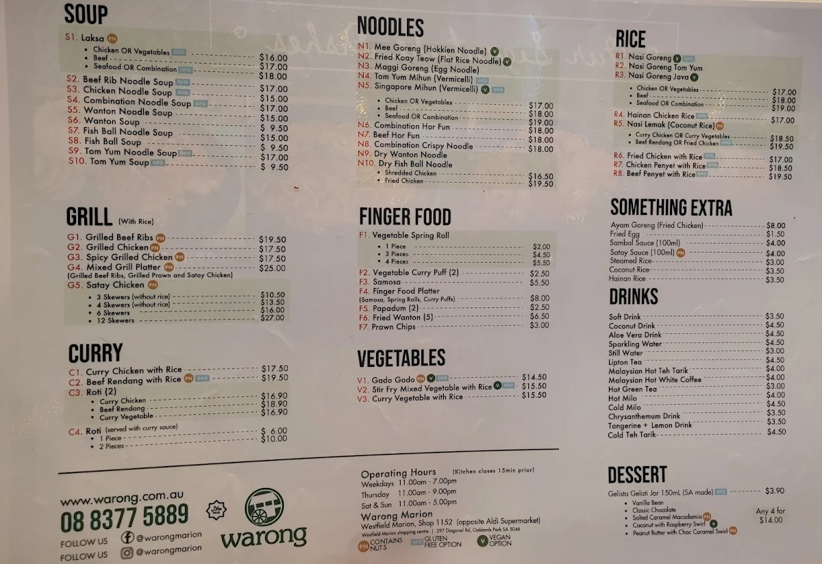 Menu, Warong Marion