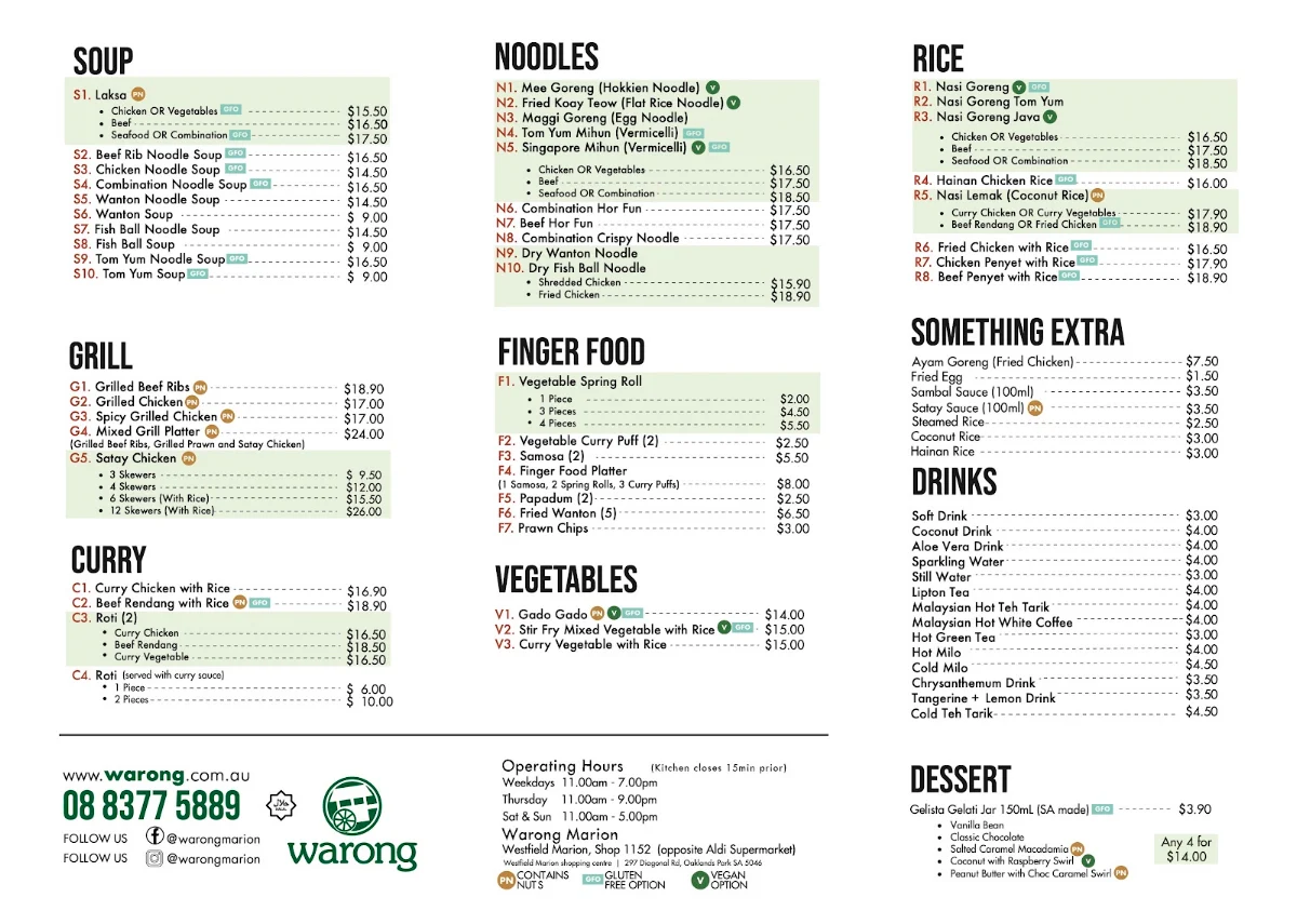 Menu, Warong Marion